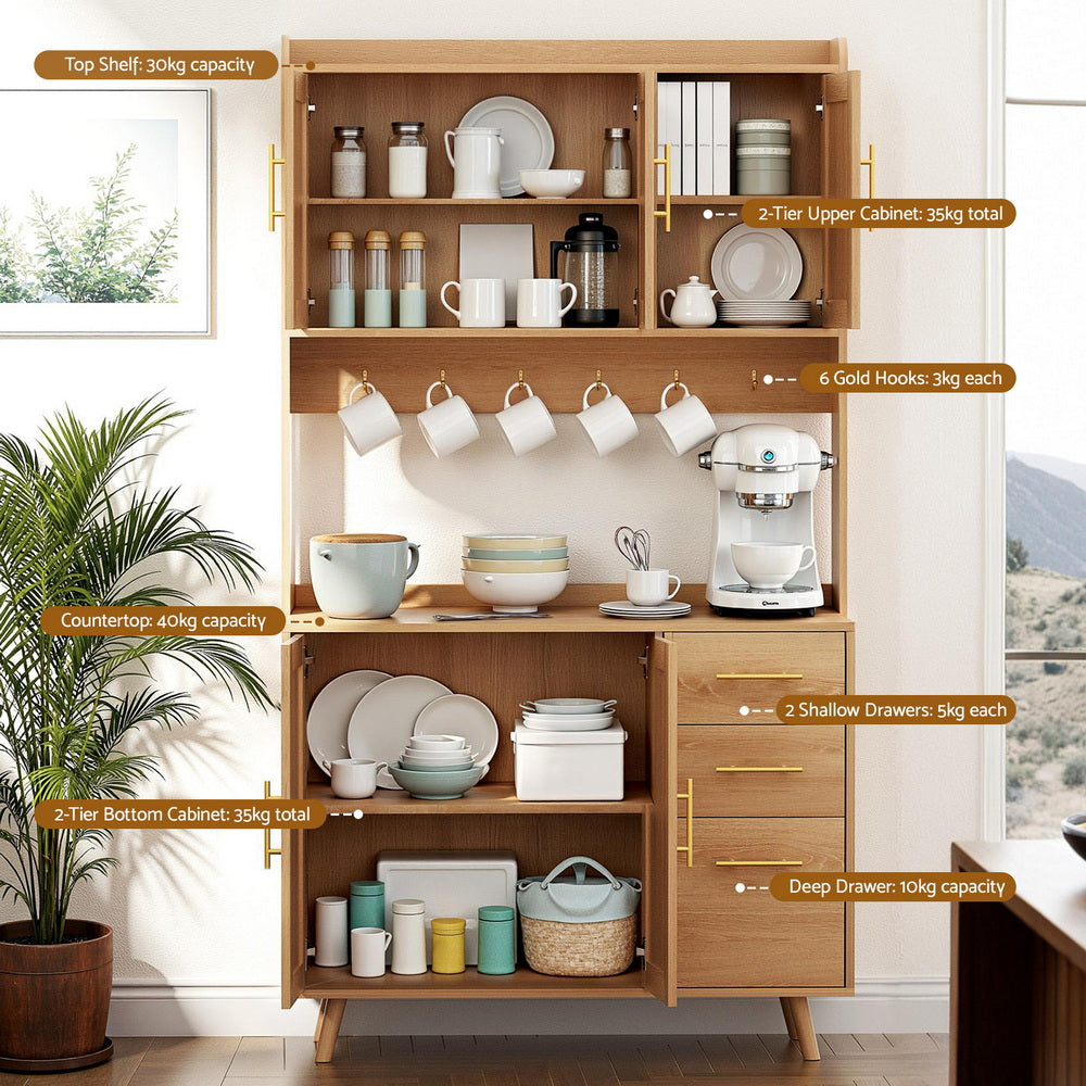 Artiss Buffet Sideboard Hutch Storage Cabinet Kitchen Cupboard Hooks Rattan Pine-Furniture > Dining > Buffets &amp; Sideboards-PEROZ Accessories