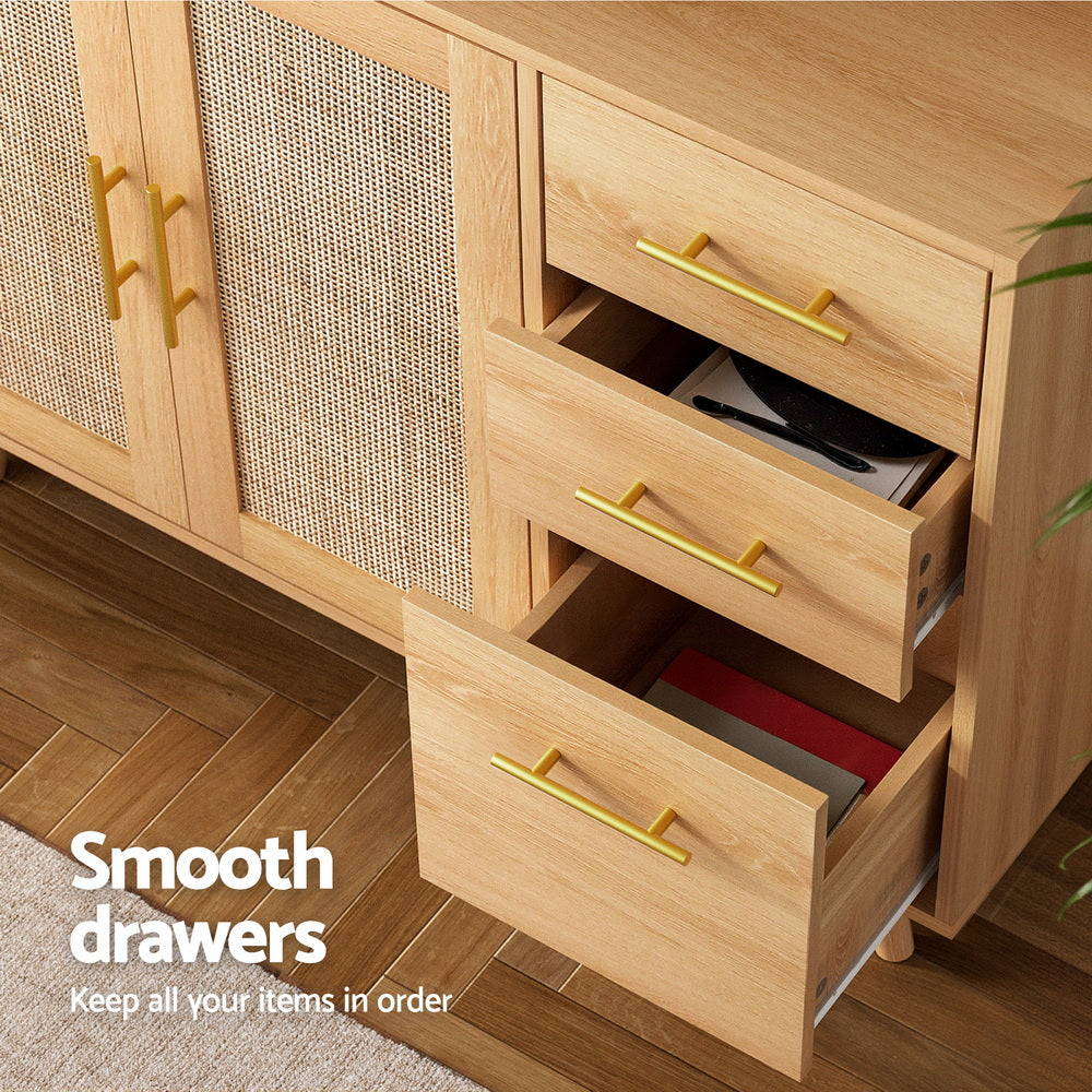 Artiss Buffet Sideboard Hutch Storage Cabinet Kitchen Cupboard Hooks Rattan Pine-Furniture > Dining > Buffets &amp; Sideboards-PEROZ Accessories