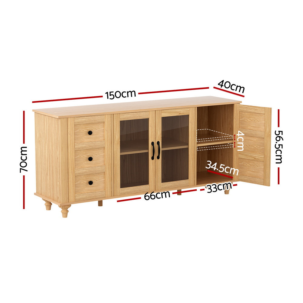 Artiss Buffet Sideboard Storage Cabinet Kitchen Cupboard Faux Drawer 150CM Pine-Furniture > Dining > Buffets &amp; Sideboards-PEROZ Accessories