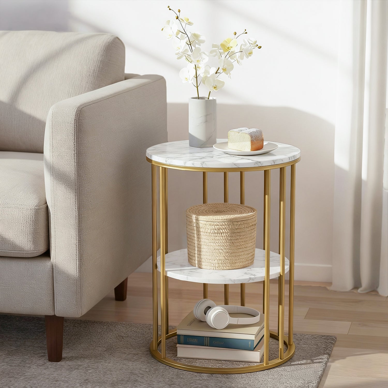 Artiss Coffee Table 2-Tier Round Marble Effect White&amp;Gold-Furniture > Living Room > Coffee Tables-PEROZ Accessories