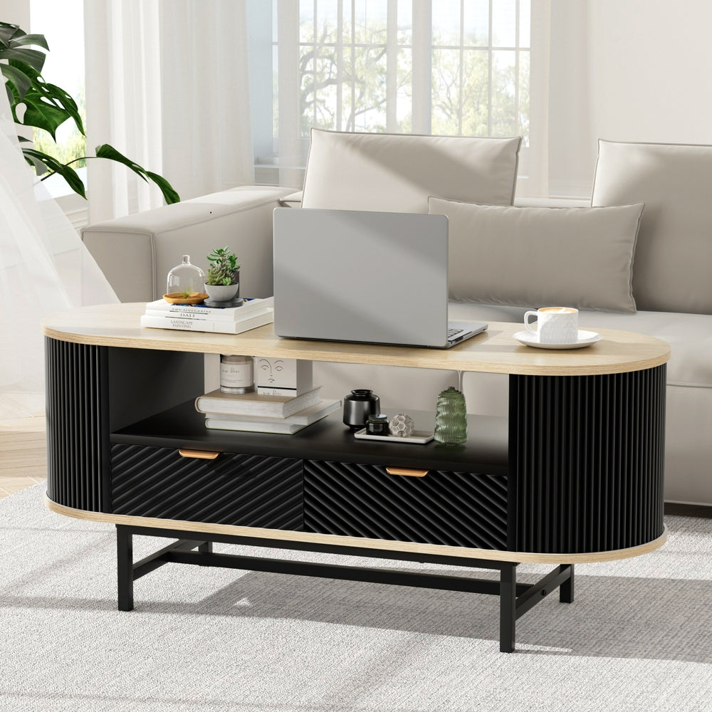 Artiss Coffee Table Drawer Shelf Wood&amp;Black-Furniture > Living Room > Coffee Tables-PEROZ Accessories