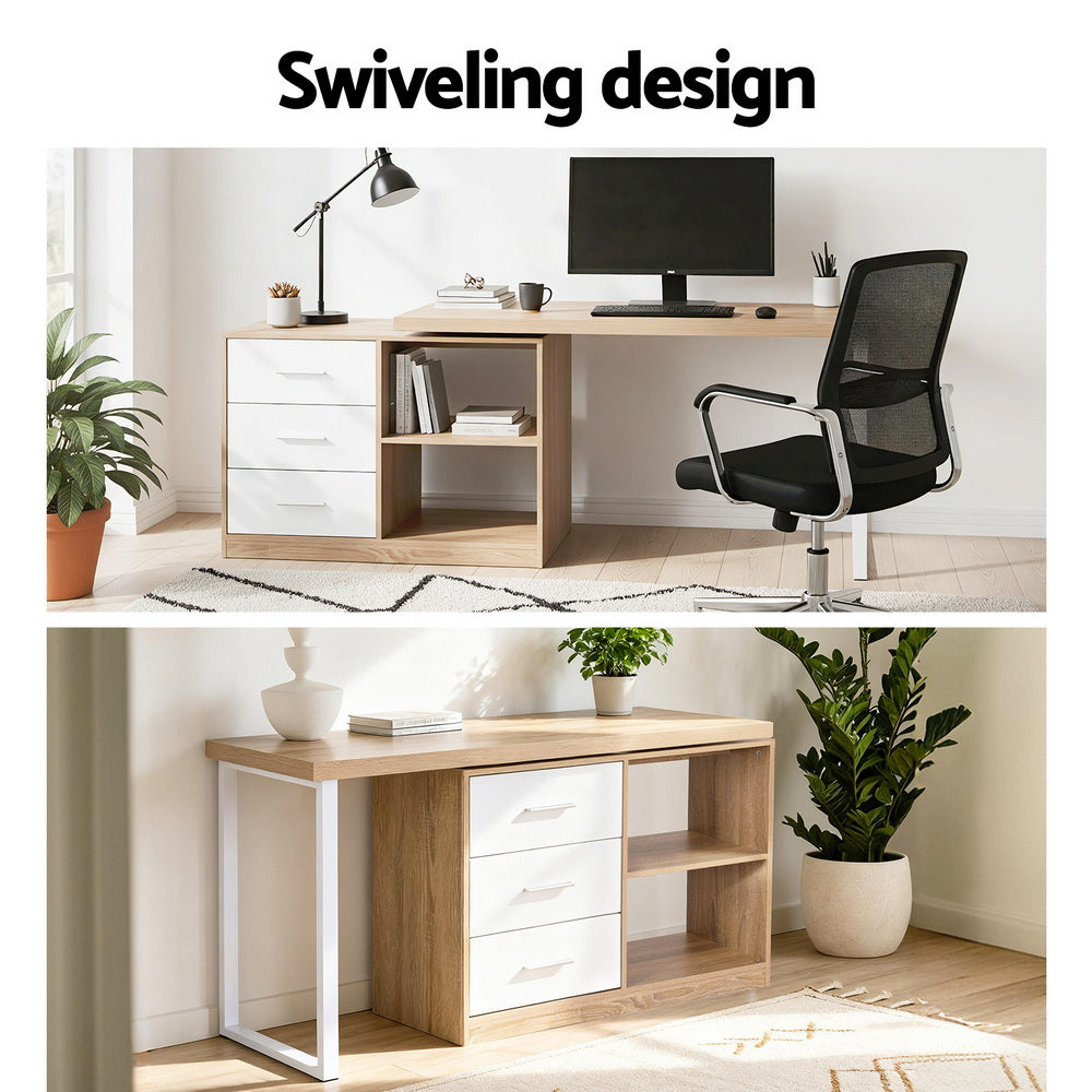 Artiss Computer Desk Swivelling L shape Home Office Storage Cabinet Oak-Furniture > Office > Desks-PEROZ Accessories