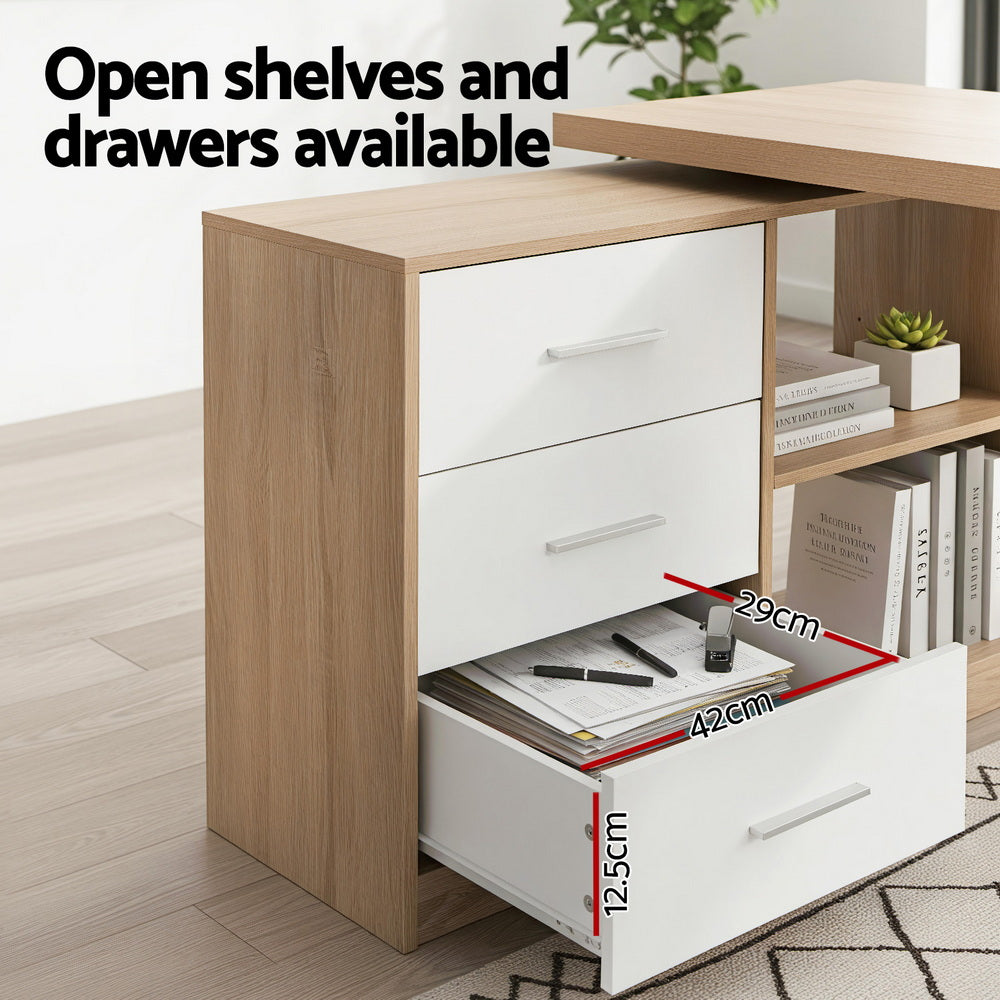 Artiss Computer Desk Swivelling L shape Home Office Storage Cabinet Oak-Furniture > Office > Desks-PEROZ Accessories