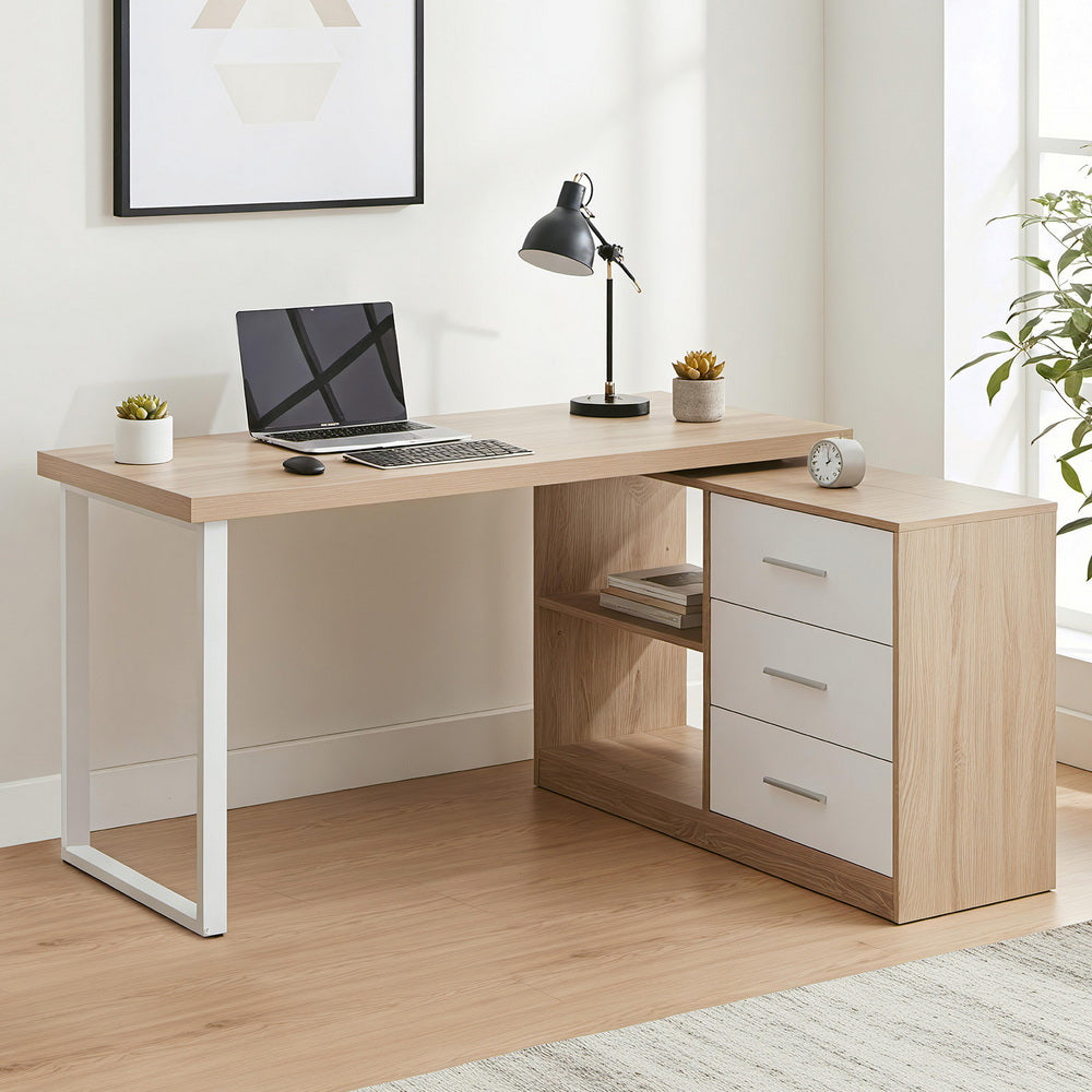 Artiss Computer Desk Swivelling L shape Home Office Storage Cabinet Oak-Furniture > Office > Desks-PEROZ Accessories