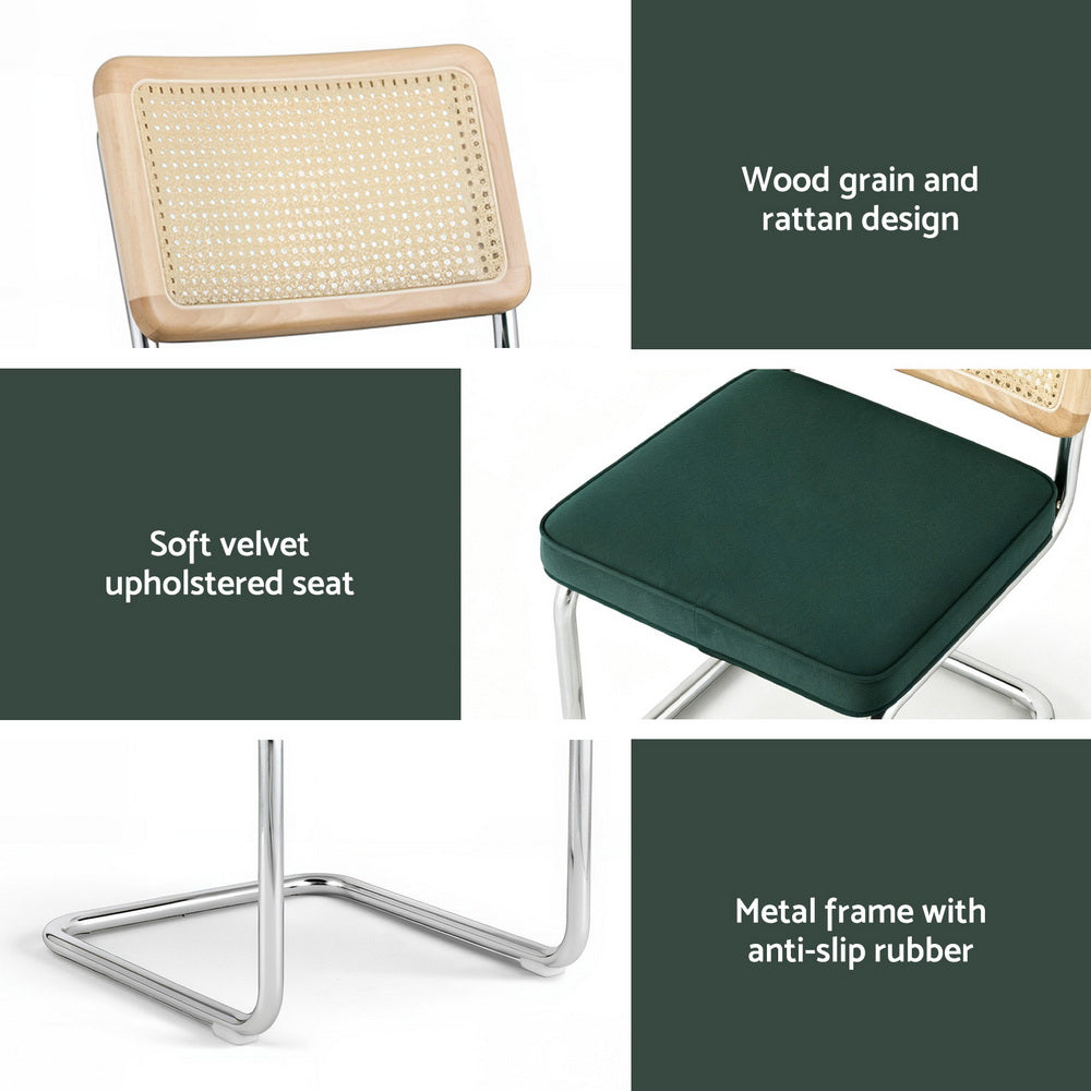 Artiss Dining Chairs Set of 4 Velvet Rattan Cantilever Green-Furniture > Dining > Kitchen &amp; Dining Chairs-PEROZ Accessories