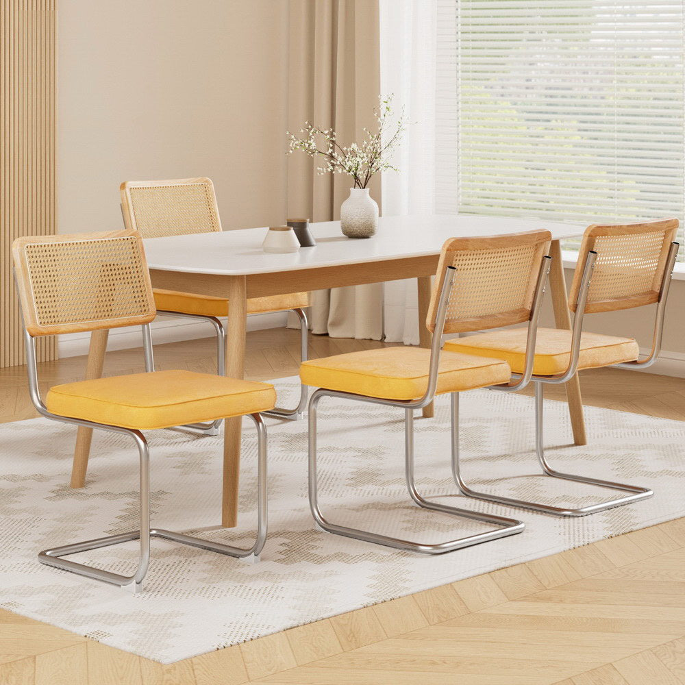 Artiss Dining Chairs Set of 4 Velvet Rattan Cantilever Yellow-Furniture > Dining > Kitchen &amp; Dining Chairs-PEROZ Accessories