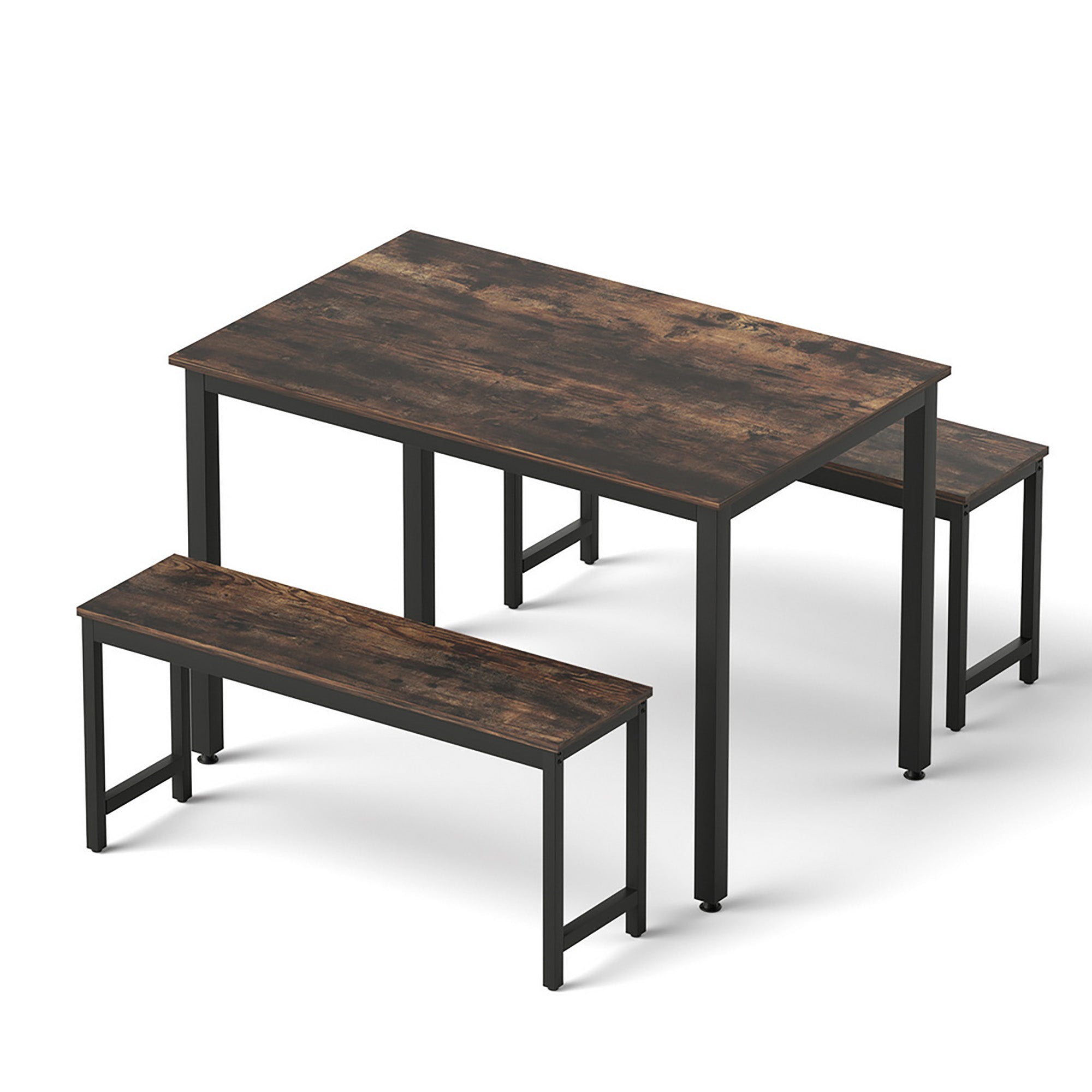 Artiss Dining Table and Chairs Set 3PCS Kitchen Metal Desk Bench Dark Walnut-Furniture > Dining > Dining Set-PEROZ Accessories