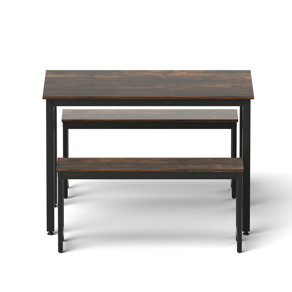 Artiss Dining Table and Chairs Set 3PCS Kitchen Metal Desk Bench Dark Walnut-Furniture > Dining > Dining Set-PEROZ Accessories