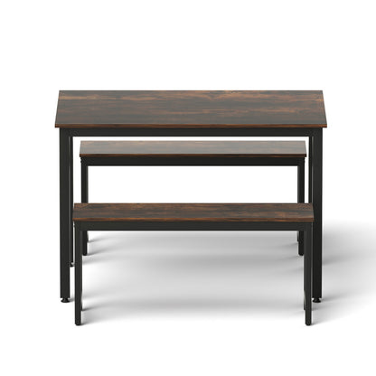 Artiss Dining Table and Chairs Set 3PCS Kitchen Metal Desk Bench Dark Walnut-Furniture > Dining > Dining Set-PEROZ Accessories