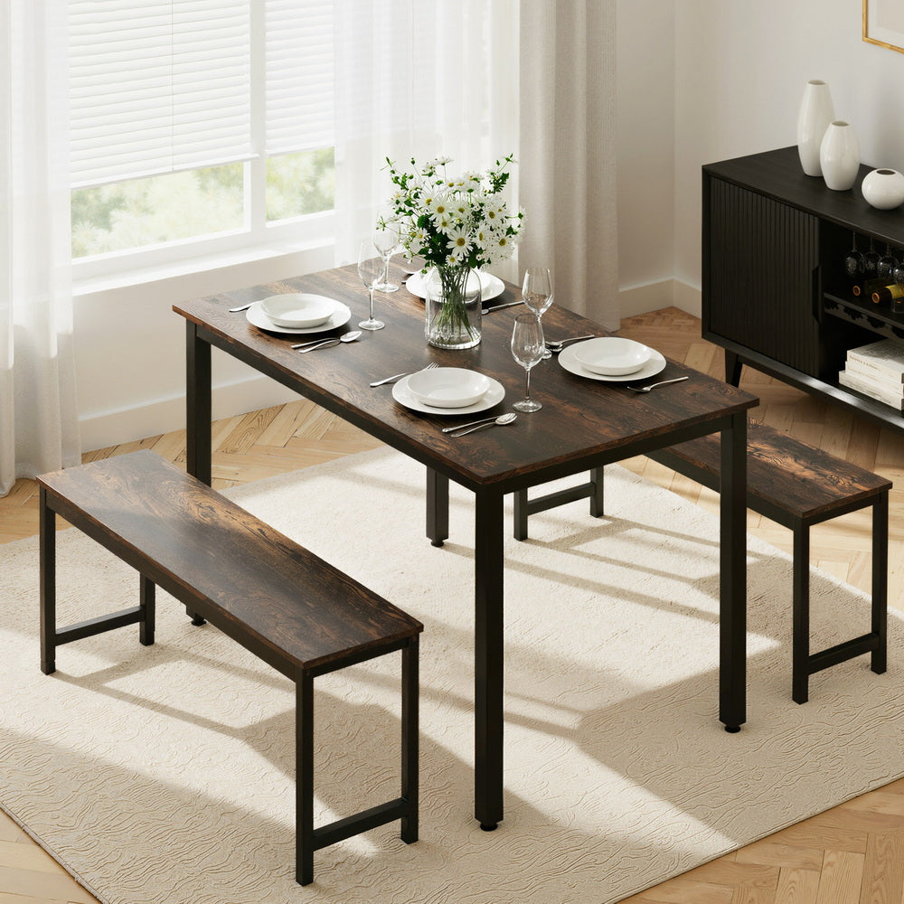 Artiss Dining Table and Chairs Set 3PCS Kitchen Metal Desk Bench Dark Walnut-Furniture > Dining > Dining Set-PEROZ Accessories