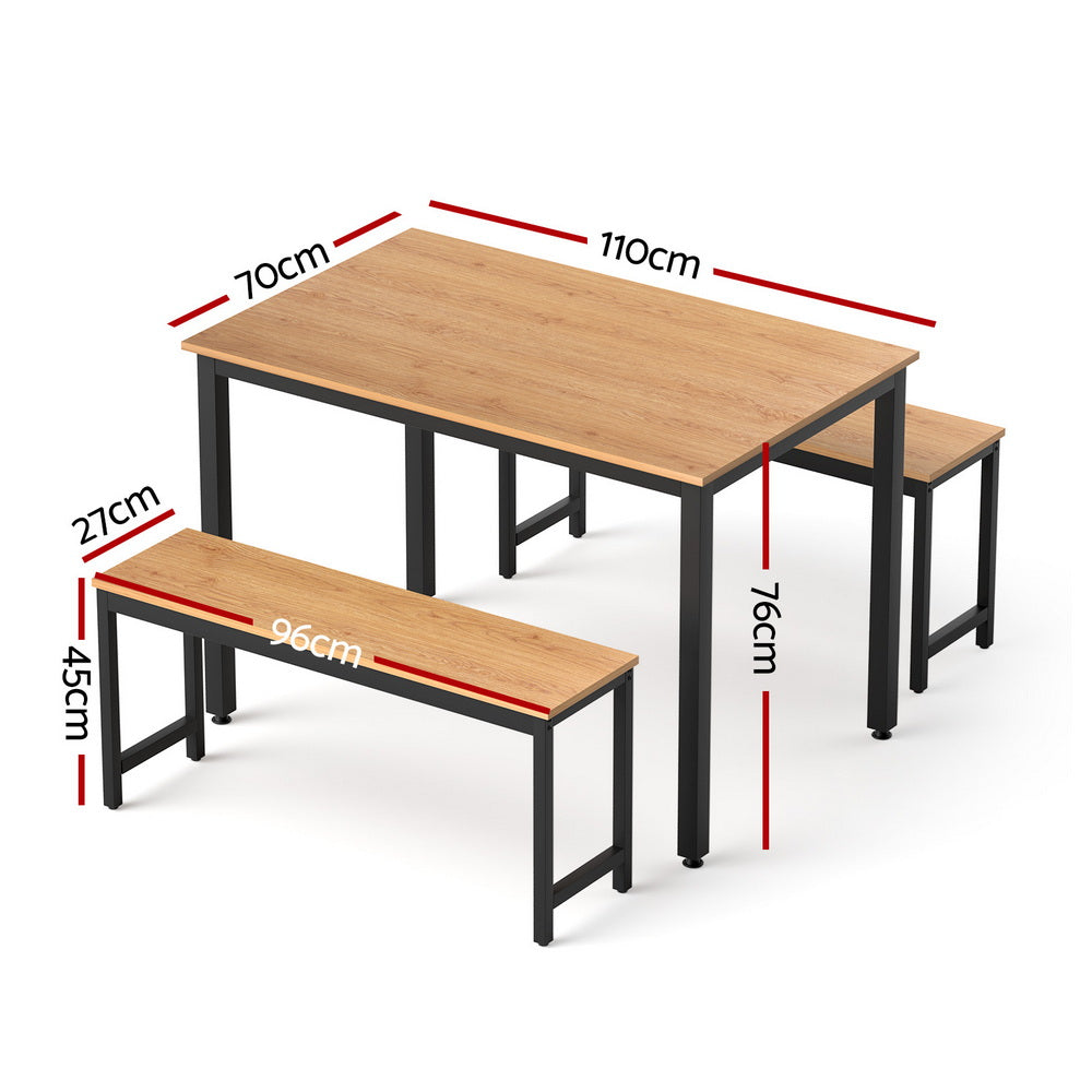 Artiss Dining Table and Chairs Set 3PCS Kitchen Metal Desk Bench Natural Oak-Furniture > Dining > Dining Set-PEROZ Accessories