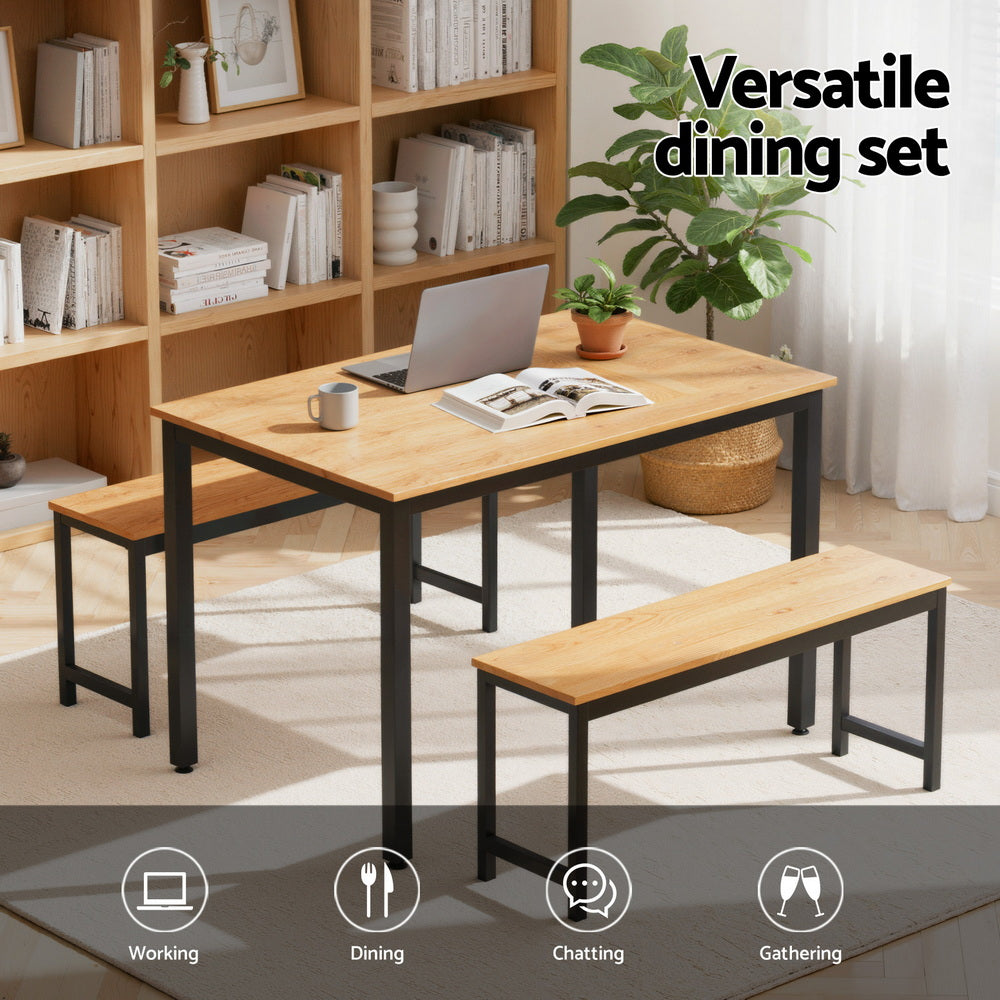 Artiss Dining Table and Chairs Set 3PCS Kitchen Metal Desk Bench Natural Oak-Furniture > Dining > Dining Set-PEROZ Accessories