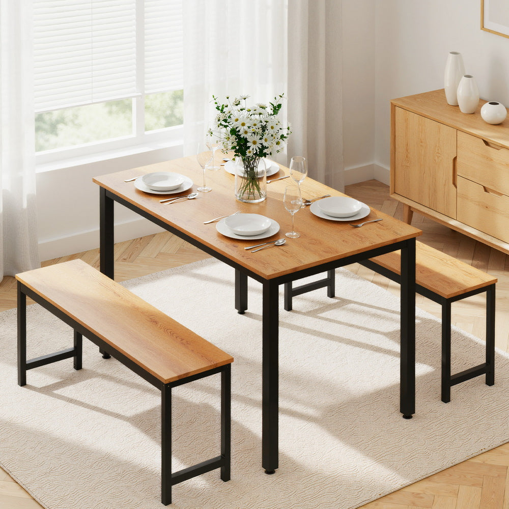Artiss Dining Table and Chairs Set 3PCS Kitchen Metal Desk Bench Natural Oak-Furniture > Dining > Dining Set-PEROZ Accessories