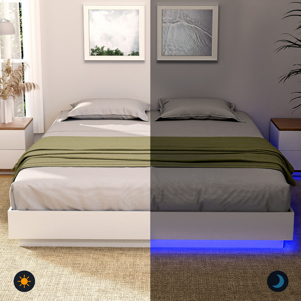 Artiss Double Bed Frame with 16Colour Led Light Wooden Platform Bed Base DAYGLOW-Furniture > Bedroom > Beds &amp; Bed Frames-PEROZ Accessories