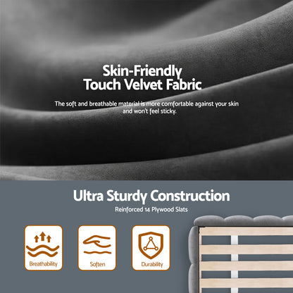 Artiss Double Size Bed Frame Plush Soft Headboard Velvet Platform Base for Modern Bedrooms Grey-Furniture > Bedroom > Beds &amp; Bed Frames-PEROZ Accessories