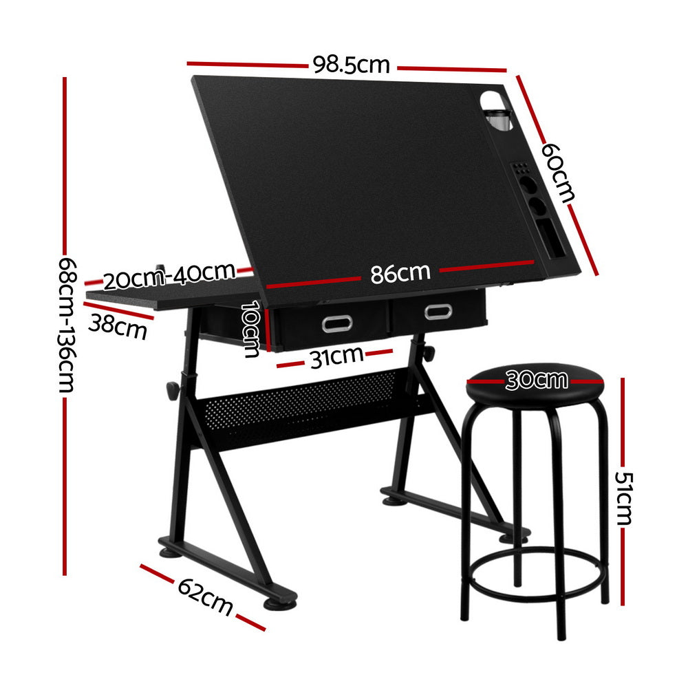 Artiss Drawing Desk Stool Set Drafting Table Adjustable Angle Tilt Drawers Black-Furniture > Office > Desks-PEROZ Accessories