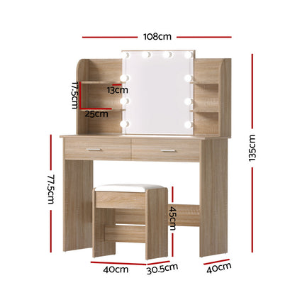 Artiss Dressing Table Set Stool 10 Led Bulbs Wood-Furniture > Bedroom > Dressing Vanity &amp; Dressing Tables-PEROZ Accessories