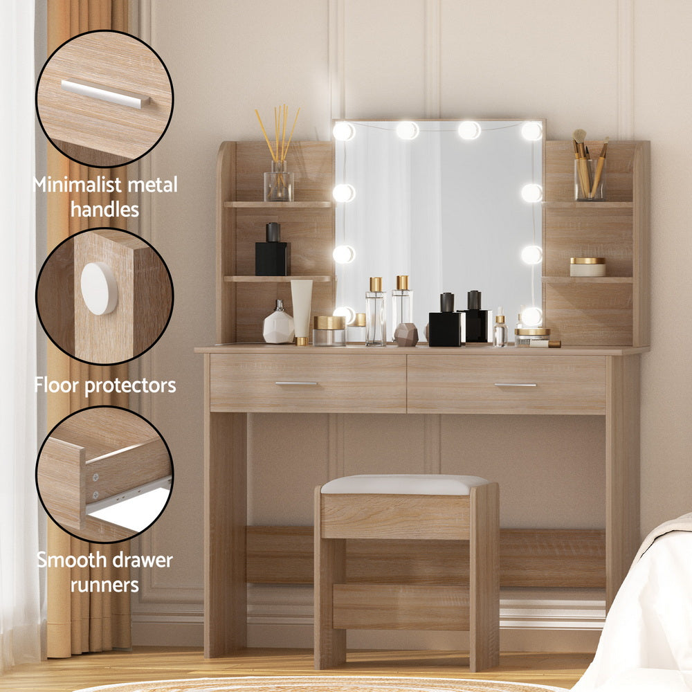 Artiss Dressing Table Set Stool 10 Led Bulbs Wood-Furniture > Bedroom > Dressing Vanity &amp; Dressing Tables-PEROZ Accessories