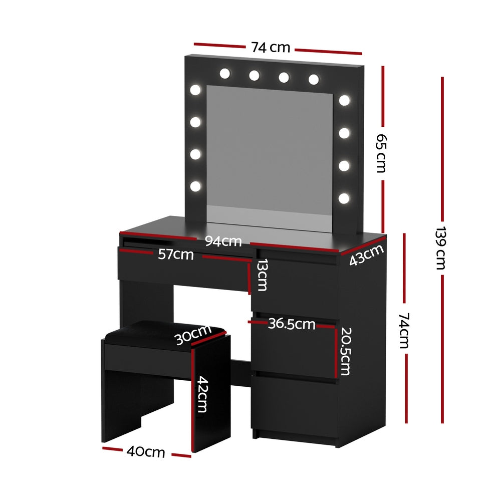 Artiss Dressing Table Set Stool 12 Led Bulbs Black-Furniture > Bedroom > Dressing Vanity &amp; Dressing Tables-PEROZ Accessories