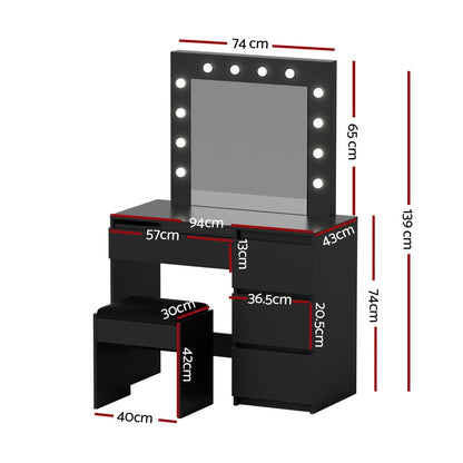 Artiss Dressing Table Set Stool 12 Led Bulbs Black-Furniture > Bedroom > Dressing Vanity &amp; Dressing Tables-PEROZ Accessories