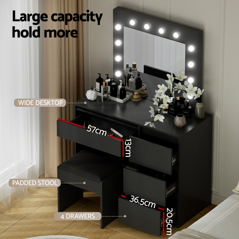 Artiss Dressing Table Set Stool 12 Led Bulbs Black-Furniture > Bedroom > Dressing Vanity &amp; Dressing Tables-PEROZ Accessories