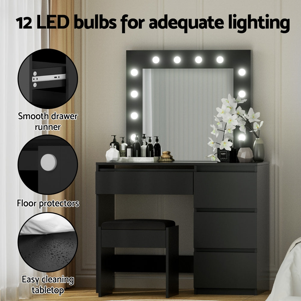 Artiss Dressing Table Set Stool 12 Led Bulbs Black-Furniture > Bedroom > Dressing Vanity &amp; Dressing Tables-PEROZ Accessories