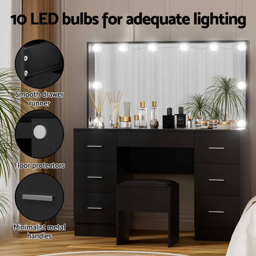 Artiss Dressing Table Vanity Desk Set Stool 10 Led Bulbs Black-Furniture > Bedroom > Dressing Vanity &amp; Dressing Tables-PEROZ Accessories