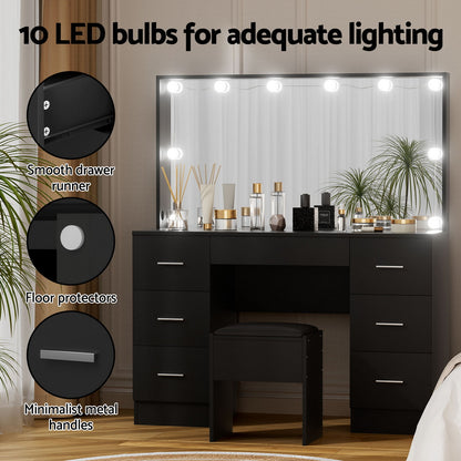 Artiss Dressing Table Vanity Desk Set Stool 10 Led Bulbs Black-Furniture > Bedroom > Dressing Vanity &amp; Dressing Tables-PEROZ Accessories