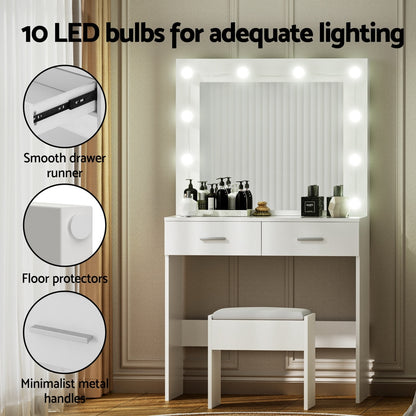 Artiss Dressing Table Vanity Desk Set Stool 10 Led Bulbs White-Furniture > Bedroom > Dressing Vanity &amp; Dressing Tables-PEROZ Accessories