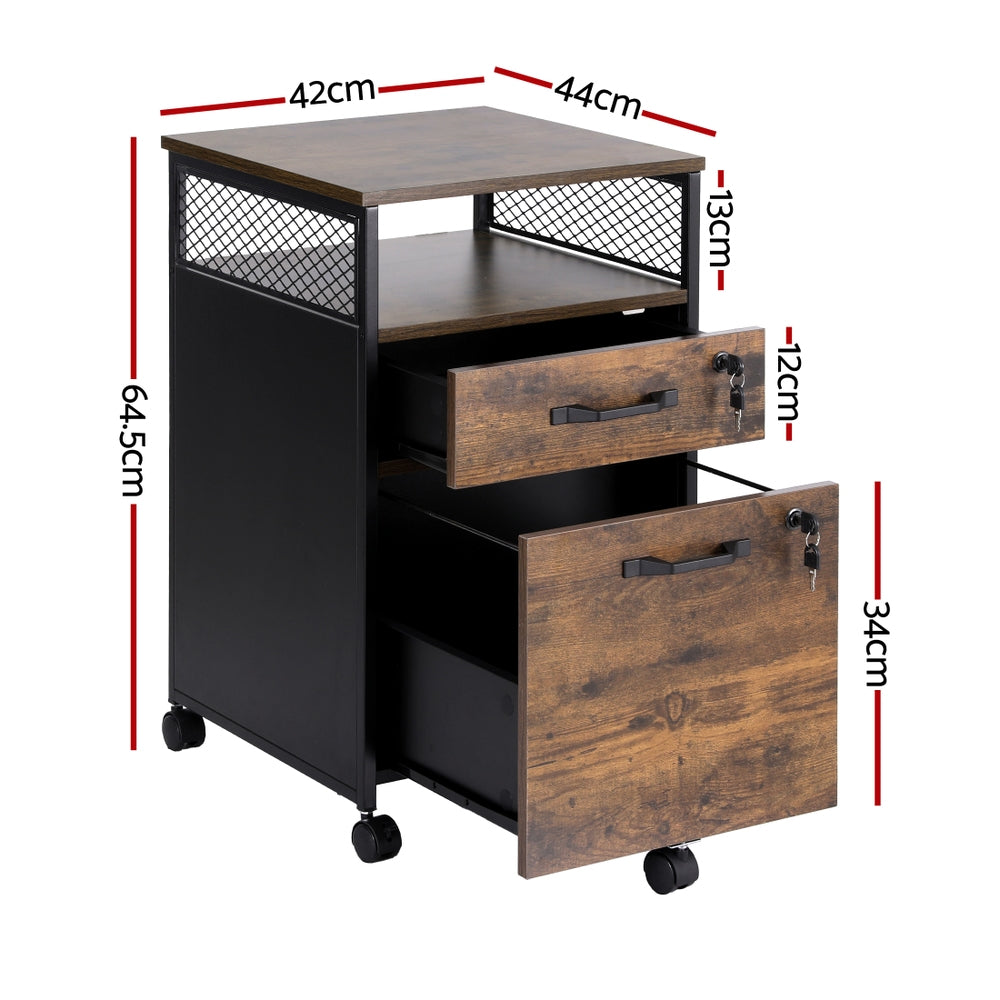 Artiss Filing Cabinet File Cabinet with Wheels 2 Drawer Storage Rustic Brown-Furniture > Bathroom > Bathroom Cabinets, Cupboards &amp; Storage-PEROZ Accessories