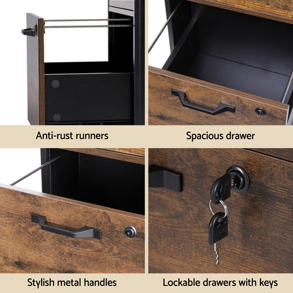 Artiss Filing Cabinet File Cabinet with Wheels 2 Drawer Storage Rustic Brown-Furniture > Bathroom > Bathroom Cabinets, Cupboards &amp; Storage-PEROZ Accessories