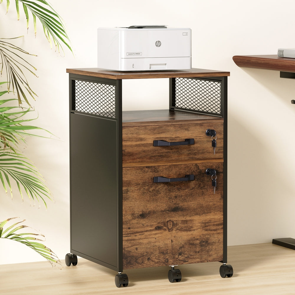 Artiss Filing Cabinet File Cabinet with Wheels 2 Drawer Storage Rustic Brown-Furniture > Bathroom > Bathroom Cabinets, Cupboards &amp; Storage-PEROZ Accessories