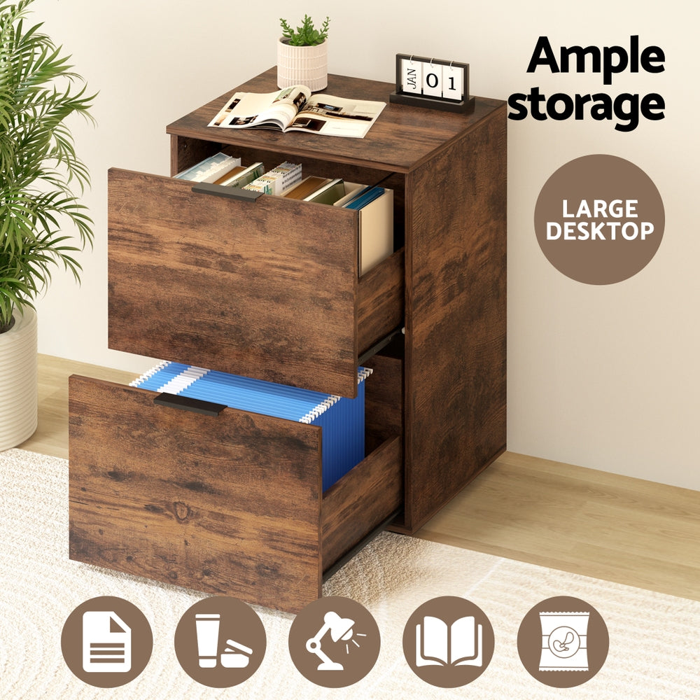 Artiss Filing Cabinet Files Storage Office Shelves File Organiser Rustic Brown 2 Drawer-Furniture > Office > Storage Cabinets-PEROZ Accessories