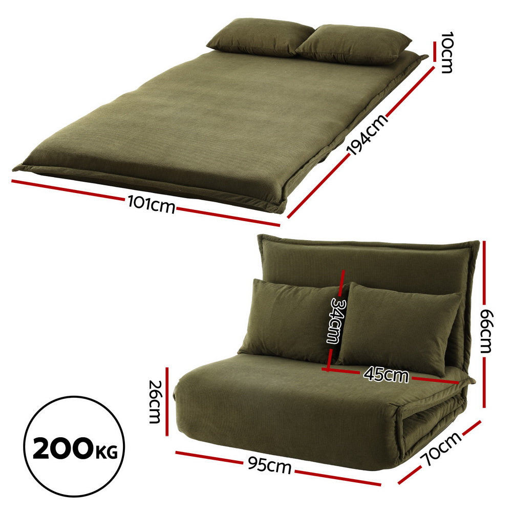 Artiss Floor Lounge Sofa Bed Foldable 2 Seater Green-Furniture > Bar Stools &amp; Chairs > Arm Chairs &amp; Recliners-PEROZ Accessories