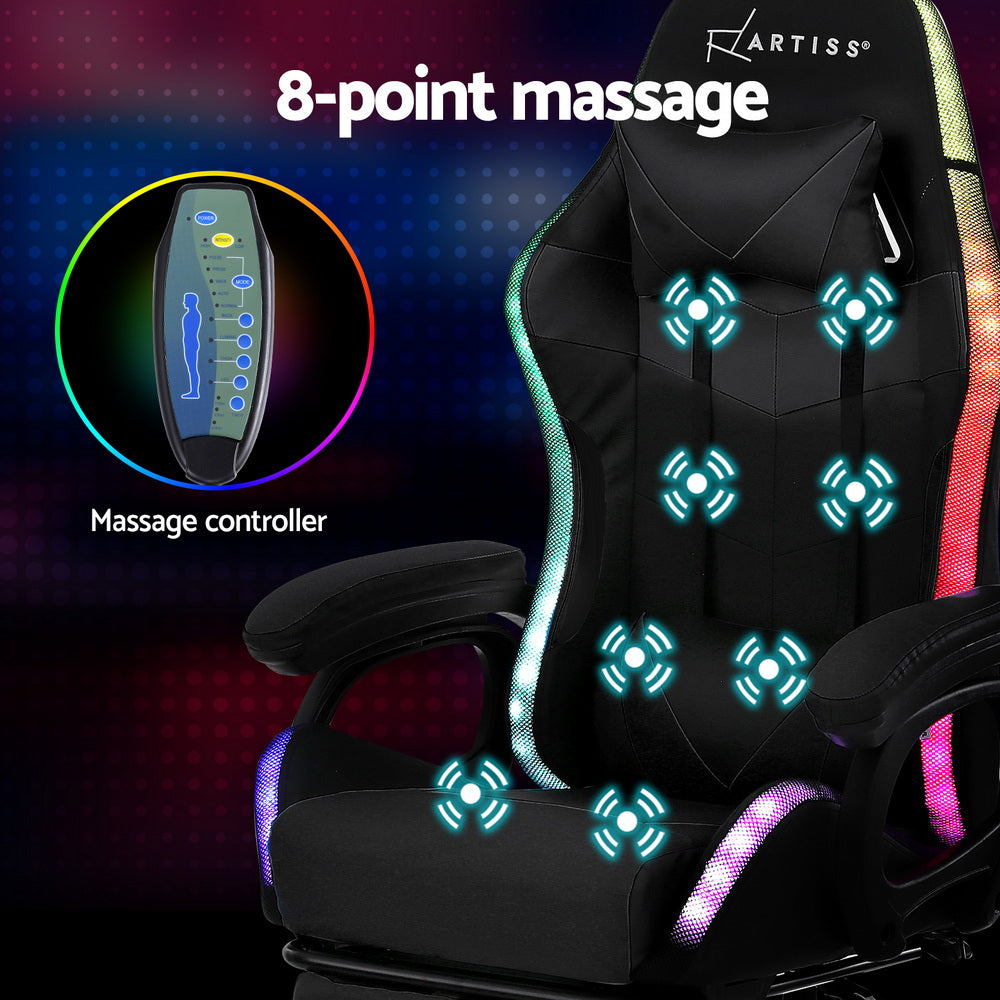 Artiss Gaming Office Chair 12 RGB LED Massage Computer Work Seat Footrest Black-Furniture > Office > Office &amp; Desk Chairs-PEROZ Accessories