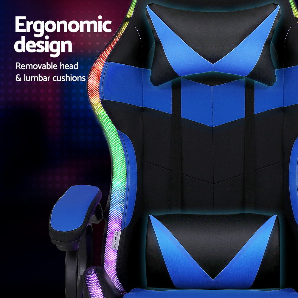 Artiss Gaming Office Chair 12 RGB LED Massage Computer Work Seat Footrest Blue-Furniture > Office > Office &amp; Desk Chairs-PEROZ Accessories