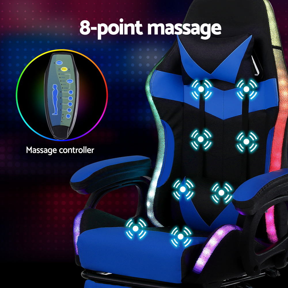 Artiss Gaming Office Chair 12 RGB LED Massage Computer Work Seat Footrest Blue-Furniture > Office > Office &amp; Desk Chairs-PEROZ Accessories