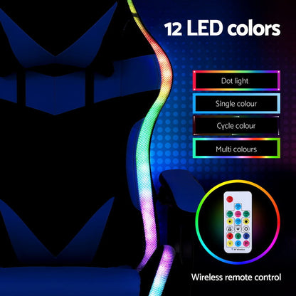 Artiss Gaming Office Chair 12 RGB LED Massage Computer Work Seat Footrest Blue-Furniture > Office > Office &amp; Desk Chairs-PEROZ Accessories