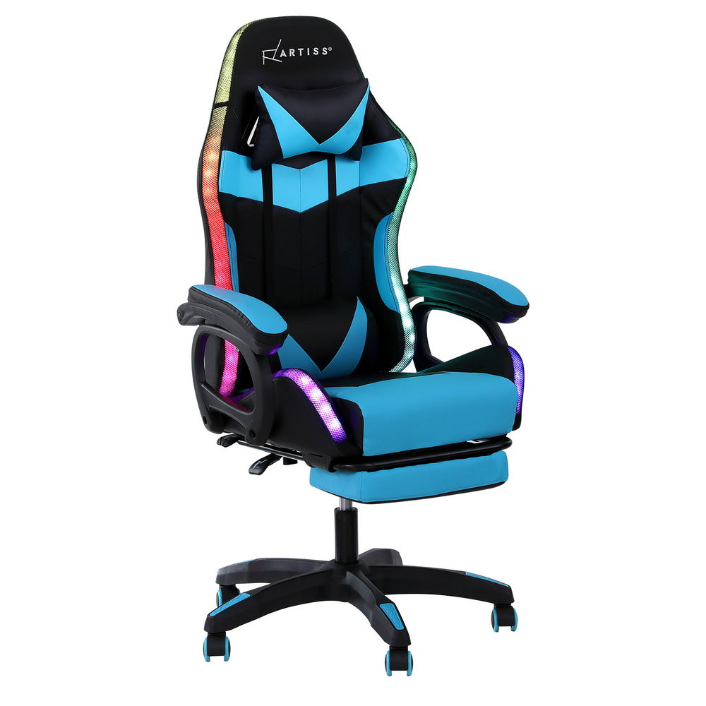 Artiss Gaming Office Chair 12 RGB LED Massage Computer Work Seat Footrest Cyan-Furniture > Office > Office &amp; Desk Chairs-PEROZ Accessories