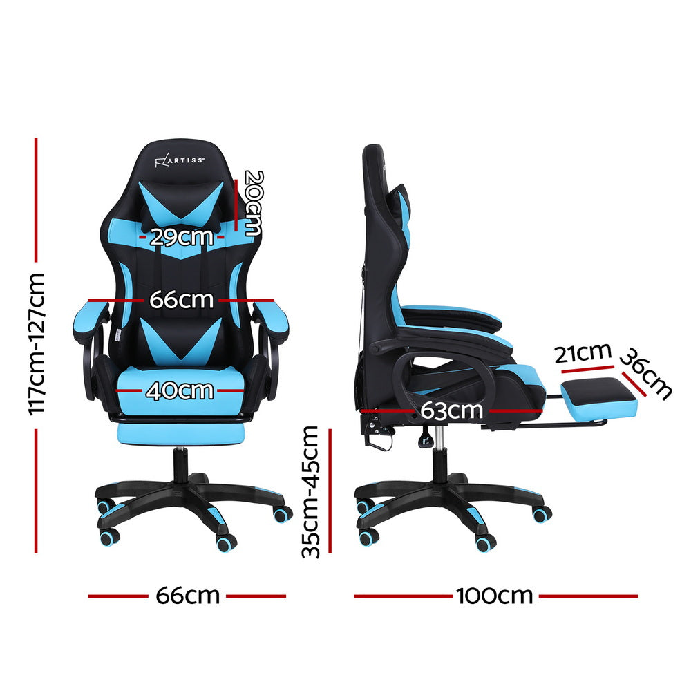 Artiss Gaming Office Chair 12 RGB LED Massage Computer Work Seat Footrest Cyan-Furniture > Office > Office &amp; Desk Chairs-PEROZ Accessories