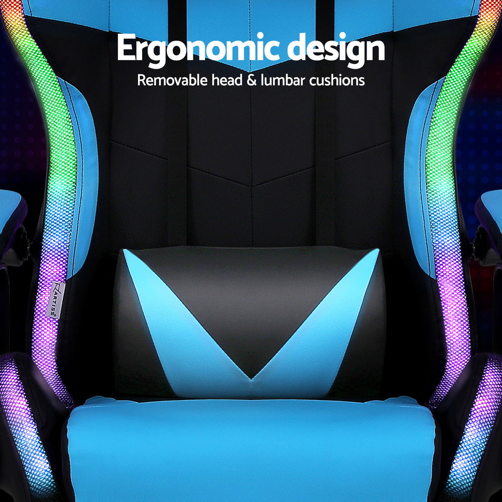 Artiss Gaming Office Chair 12 RGB LED Massage Computer Work Seat Footrest Cyan-Furniture > Office > Office &amp; Desk Chairs-PEROZ Accessories