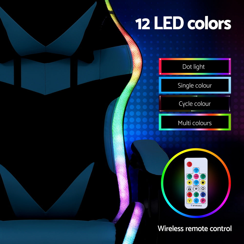 Artiss Gaming Office Chair 12 RGB LED Massage Computer Work Seat Footrest Cyan-Furniture > Office > Office &amp; Desk Chairs-PEROZ Accessories