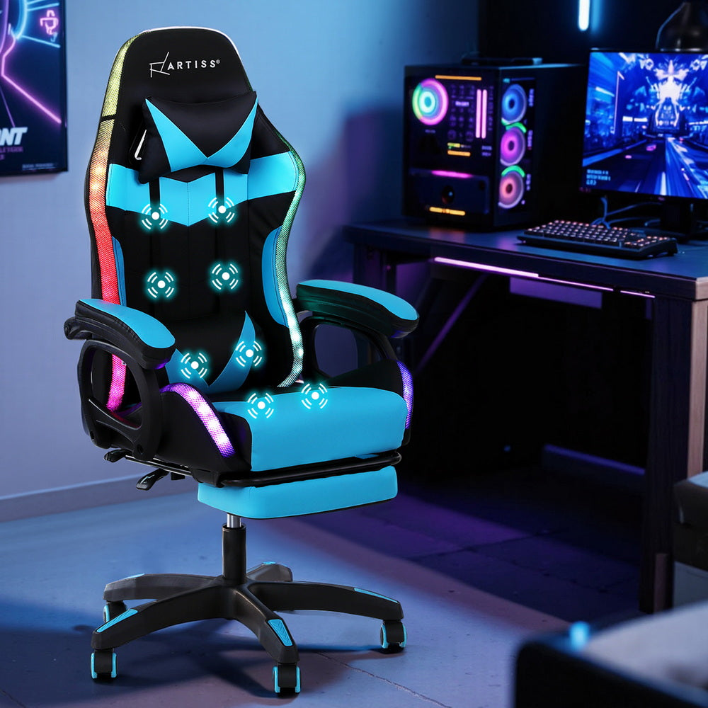Artiss Gaming Office Chair 12 RGB LED Massage Computer Work Seat Footrest Cyan-Furniture > Office > Office &amp; Desk Chairs-PEROZ Accessories