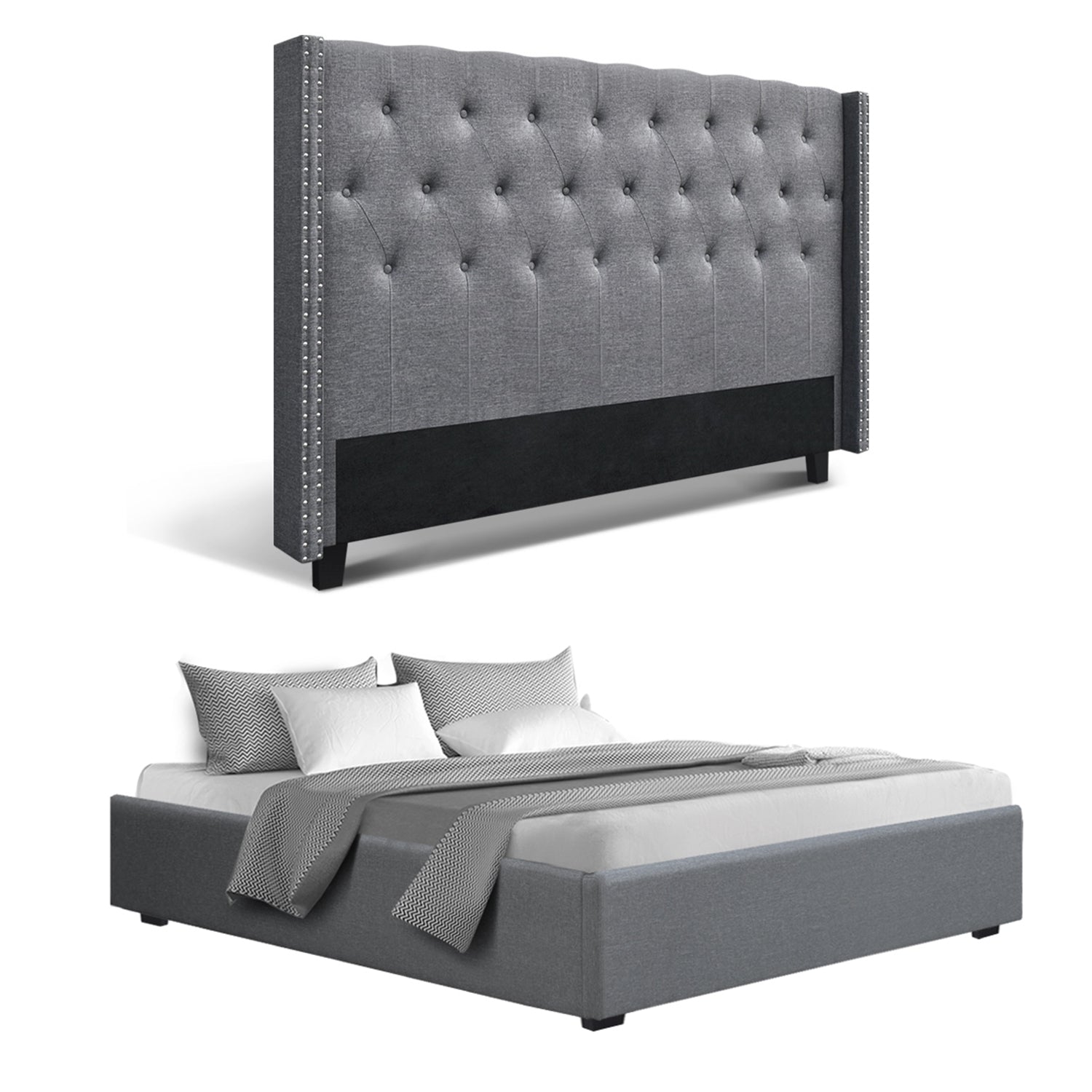 Artiss King Bed Frame Storage Tufted Headboard Gas Lift Base Grey-Furniture > Bedroom > Beds &amp; Bed Frames-PEROZ Accessories