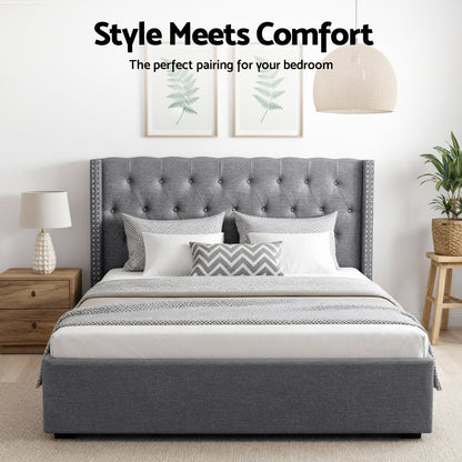 Artiss King Bed Frame Storage Tufted Headboard Gas Lift Base Grey-Furniture > Bedroom > Beds &amp; Bed Frames-PEROZ Accessories