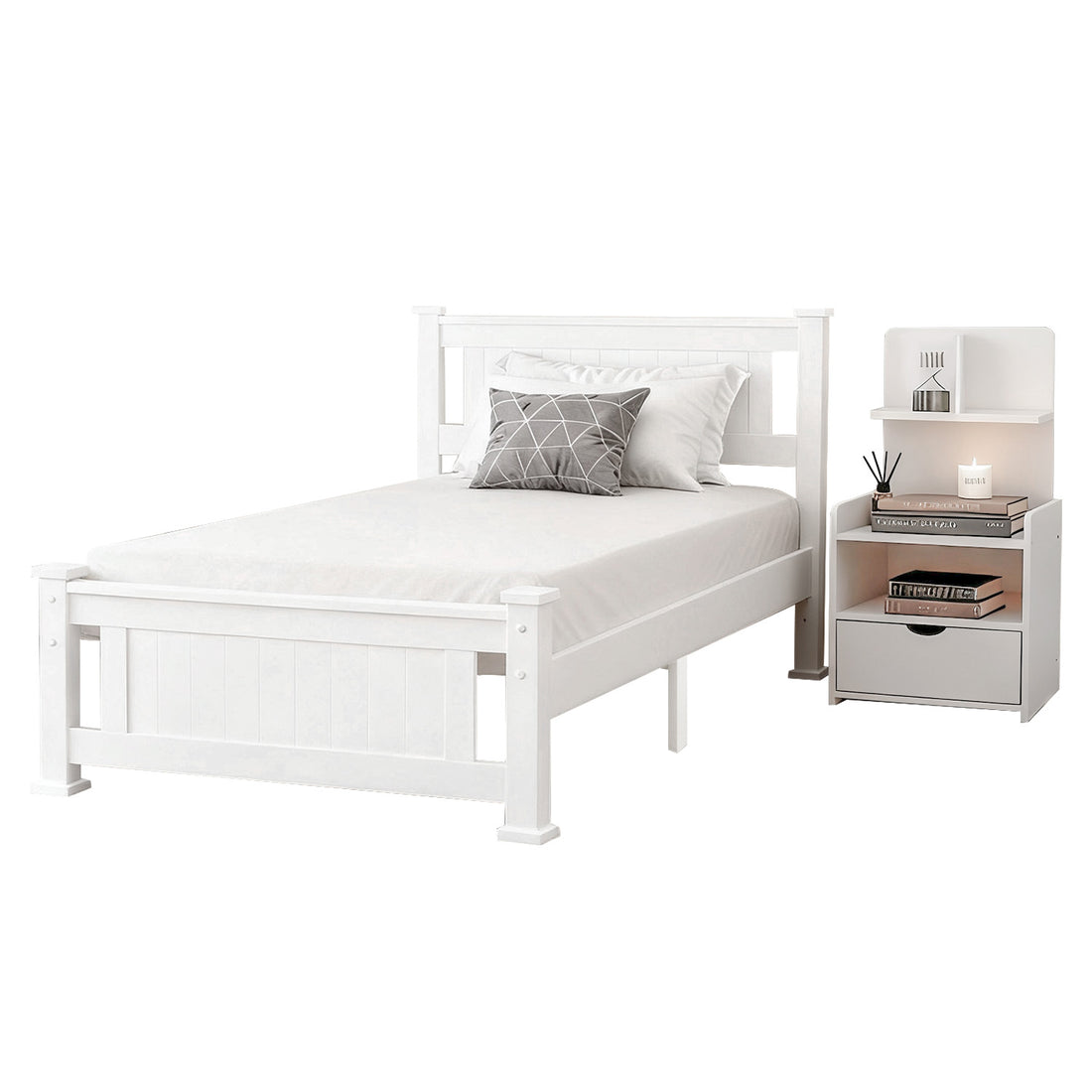Artiss King Single Bed Frame and Bedside Table White-Furniture > Bedroom > Beds &amp; Bed Frames-PEROZ Accessories