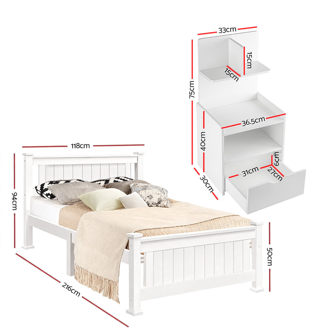 Artiss King Single Bed Frame and Bedside Table White-Furniture > Bedroom > Beds &amp; Bed Frames-PEROZ Accessories