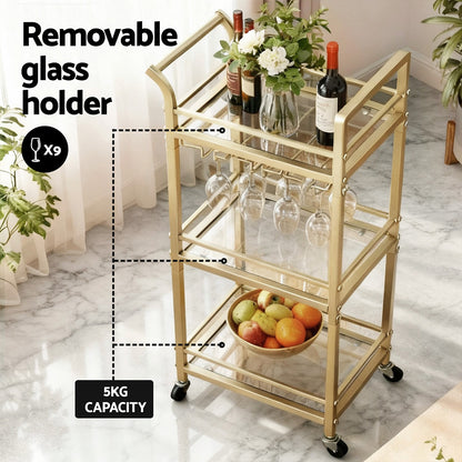 Artiss Kitchen Island Cart Trolley Rolling Serving Storage Wine Glass 43cm Gold-Furniture > Dining > Kitchen &amp; Dining Trolleys-PEROZ Accessories