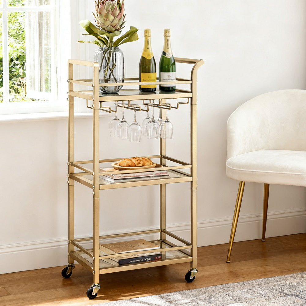 Artiss Kitchen Island Cart Trolley Rolling Serving Storage Wine Glass 43cm Gold-Furniture > Dining > Kitchen &amp; Dining Trolleys-PEROZ Accessories