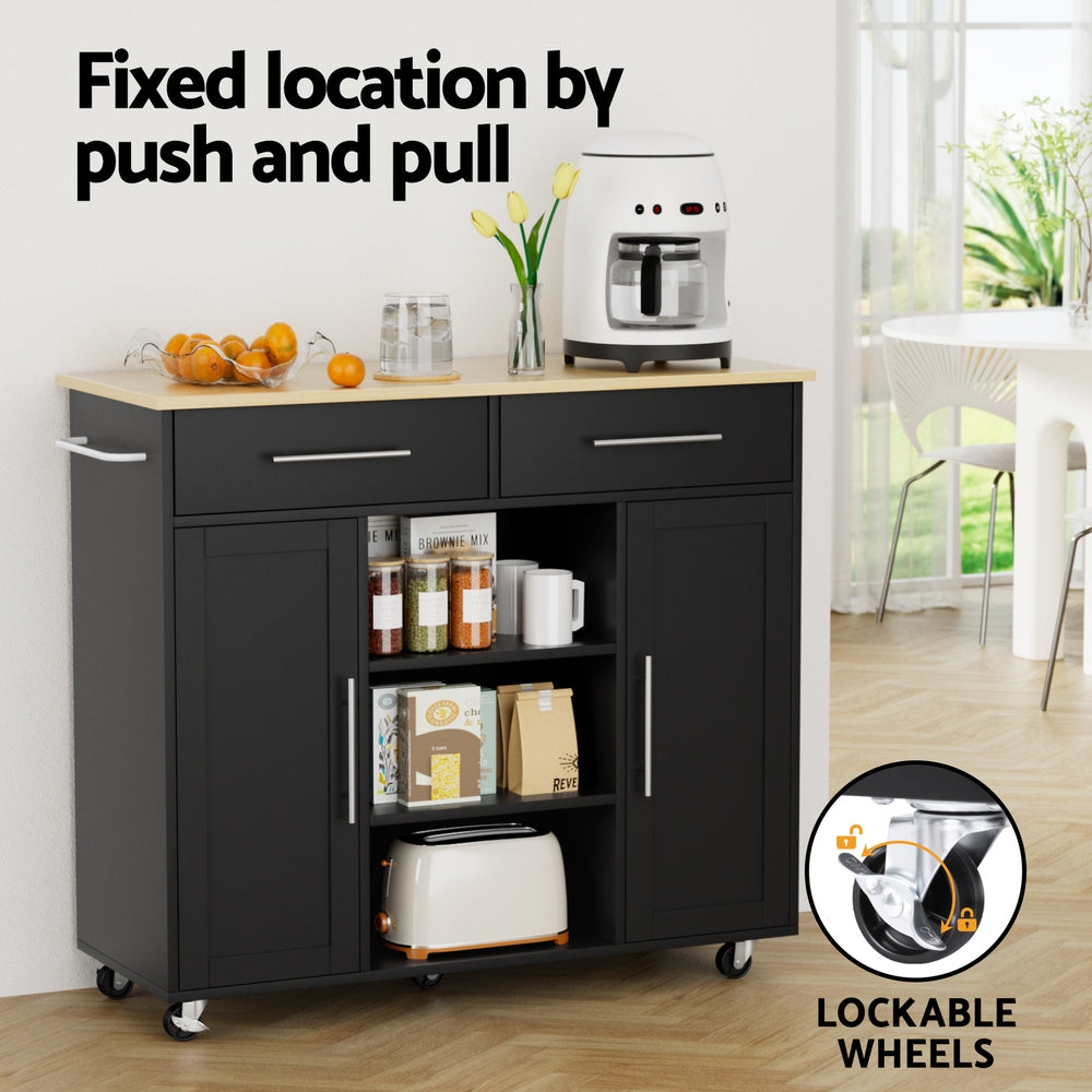 Artiss Kitchen Island Trolley Rolling Serving Cart Storage Drawer Cabinet 100cm Black-Tools > Tools Storage > Work Benches-PEROZ Accessories